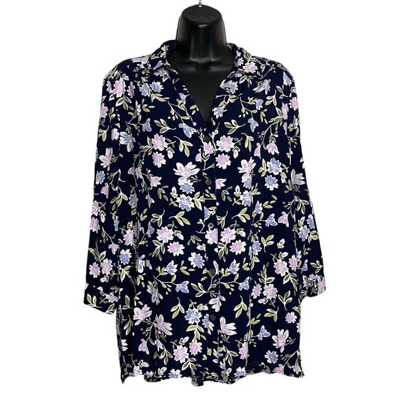 J Jill Top Womens Medium Floral Button Up Shirt Tunic 3/4 Sleeve High Low V-Neck - Picture 1 of 9